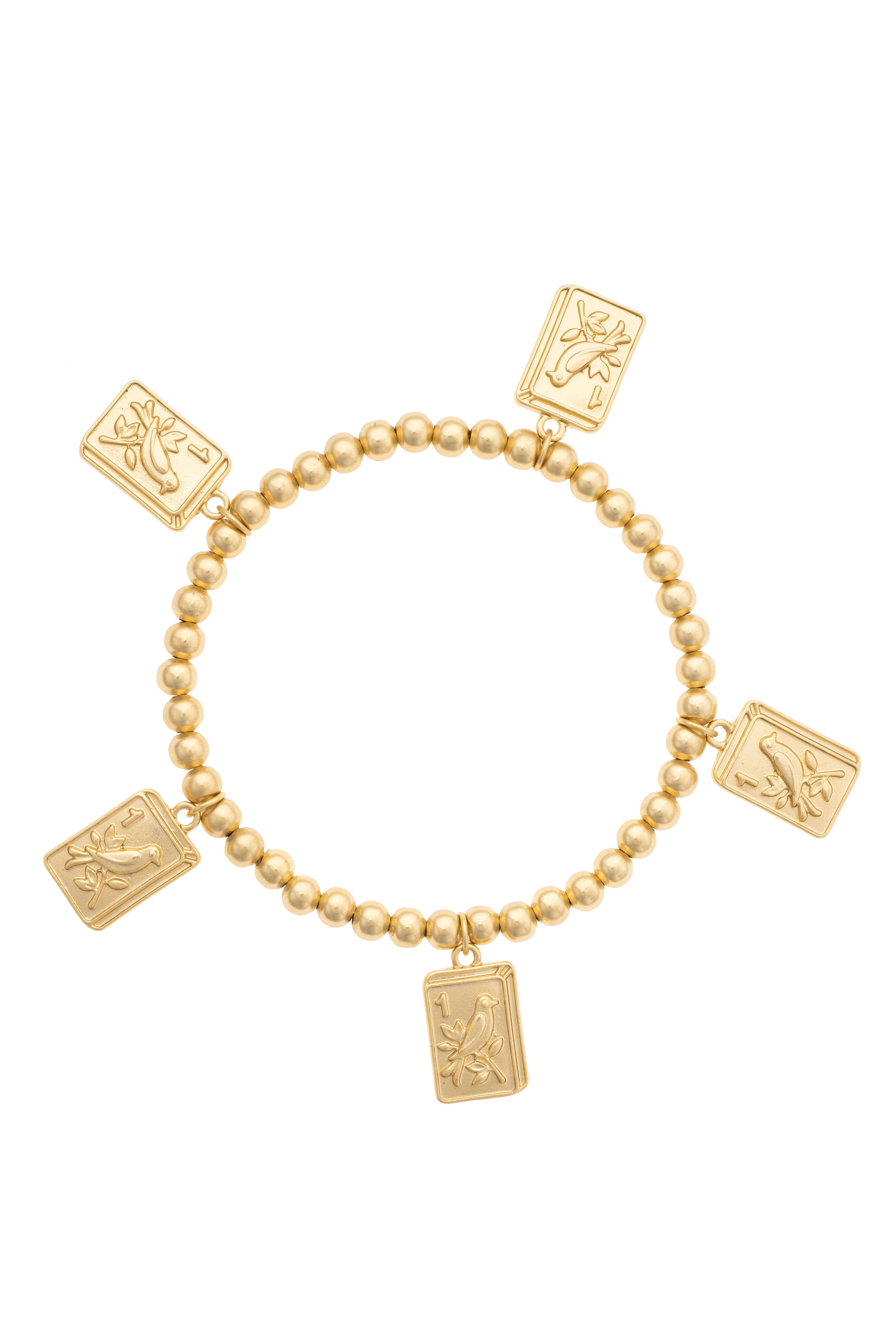 24K plated ball bead stretch bracelet featuring matte gold beads and colorful Bird Bam mahjong tile charms.