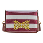 Clear stadium crossbody bag with maroon striped flap, gold XX bamboo accent, brown faux leather trim, and adjustable strap.