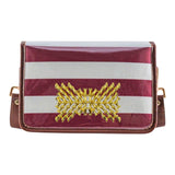 Clear stadium crossbody bag with maroon striped flap, gold XX bamboo accent, brown faux leather trim, and adjustable strap.
