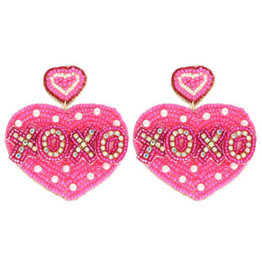 Xoxo Heart Shaped Valentine Beaded Earrings- Fuchsia
