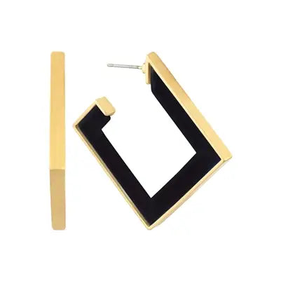 Black Wood and Gold Squared Hoop 2" Earring