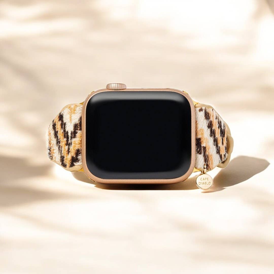 Apple Watch strap in rich ebony PU leather with stainless steel details.