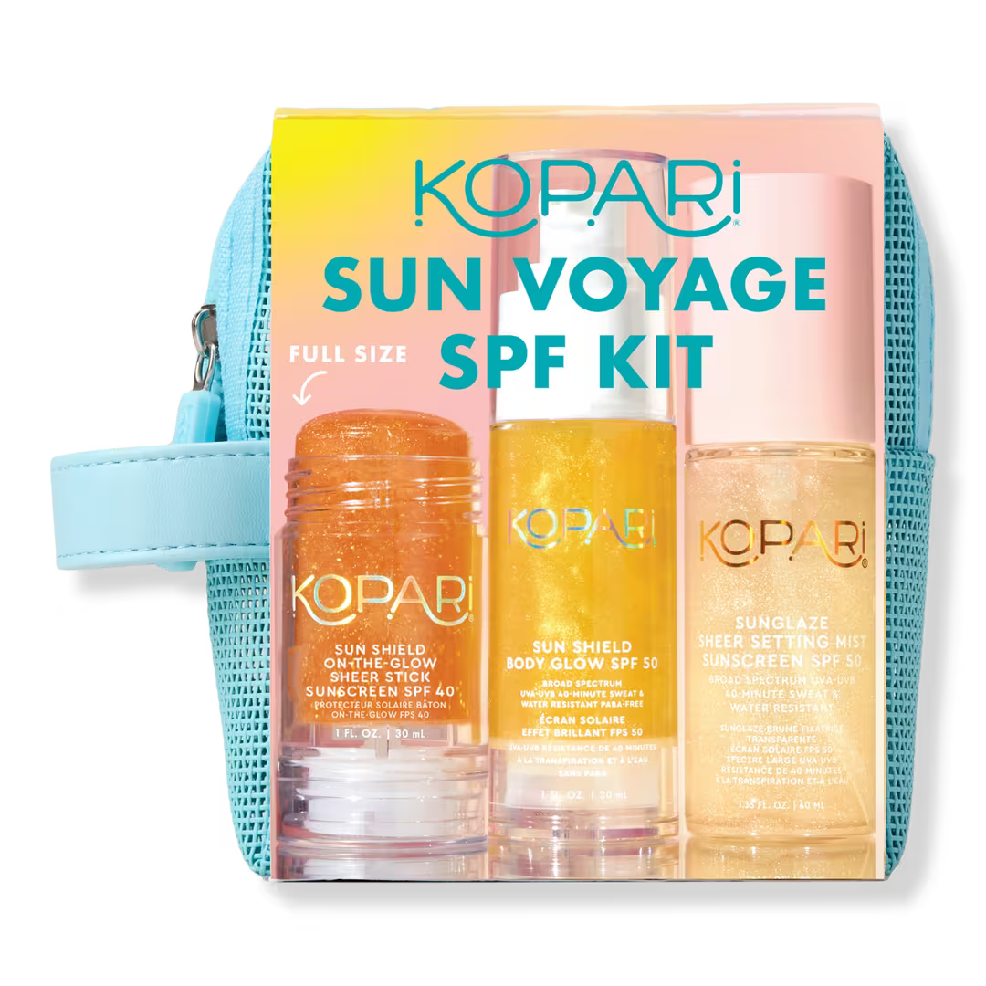 [Kopari] Sun Voyage SPF Travel Kit with body gel, stick, mist, and mesh pouch