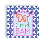 Blue and white Mahjong tile cocktail napkins with bamboo frame and playful text design