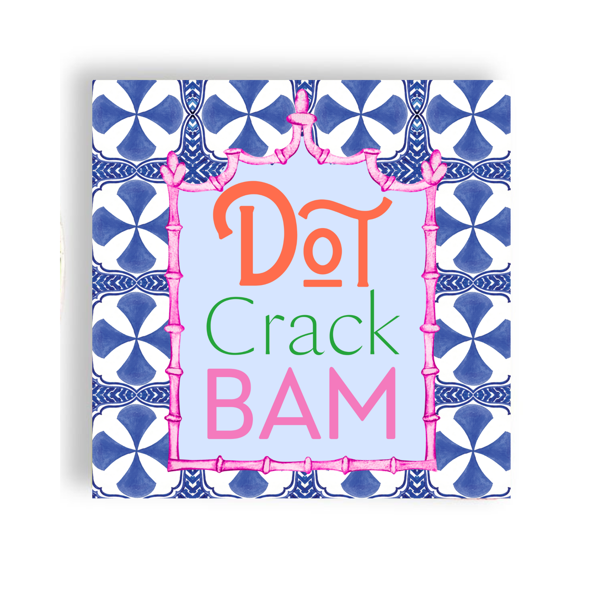 Blue and white Mahjong tile cocktail napkins with bamboo frame and playful text design