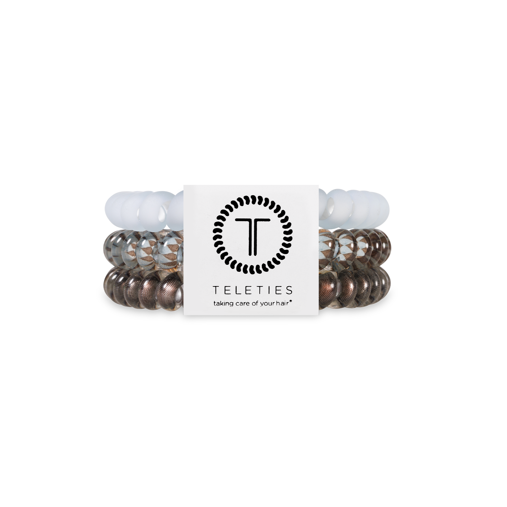 Set of three small spiral hair ties in blue and taupe Truly Taupe design.