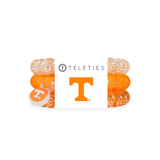 Pack of three large Tennessee Volunteers TELETIES spiral hair ties in orange and white featuring the Power T logo and striped designs.
