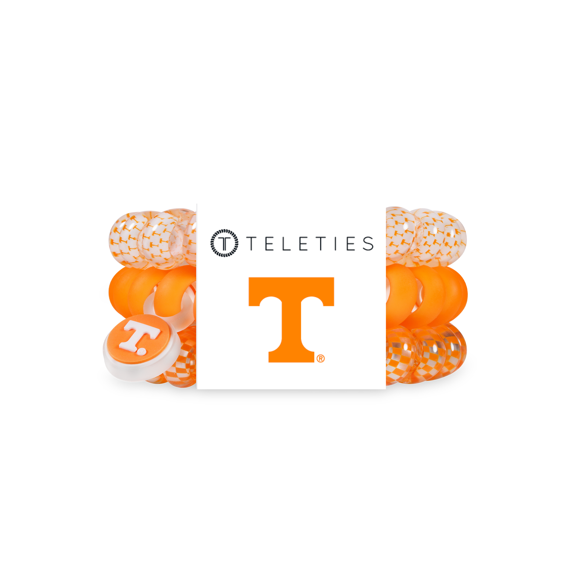 Pack of three large Tennessee Volunteers TELETIES spiral hair ties in orange and white featuring the Power T logo and striped designs.