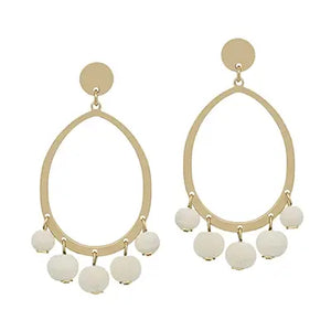 Open Gold Circle with White Wood Beaded Accents 2" Earring