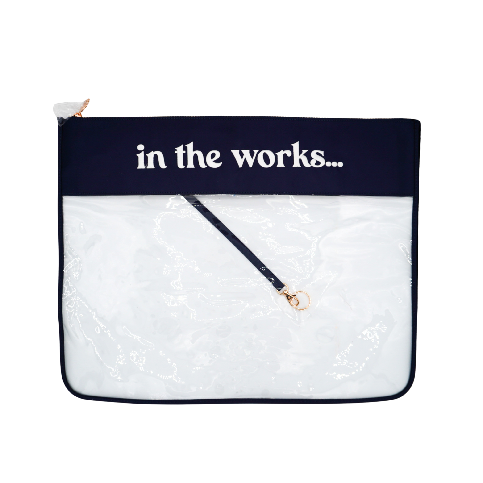 Navy extra large needlepoint project bag with hidden pockets, key leash, and magnetic needle storage