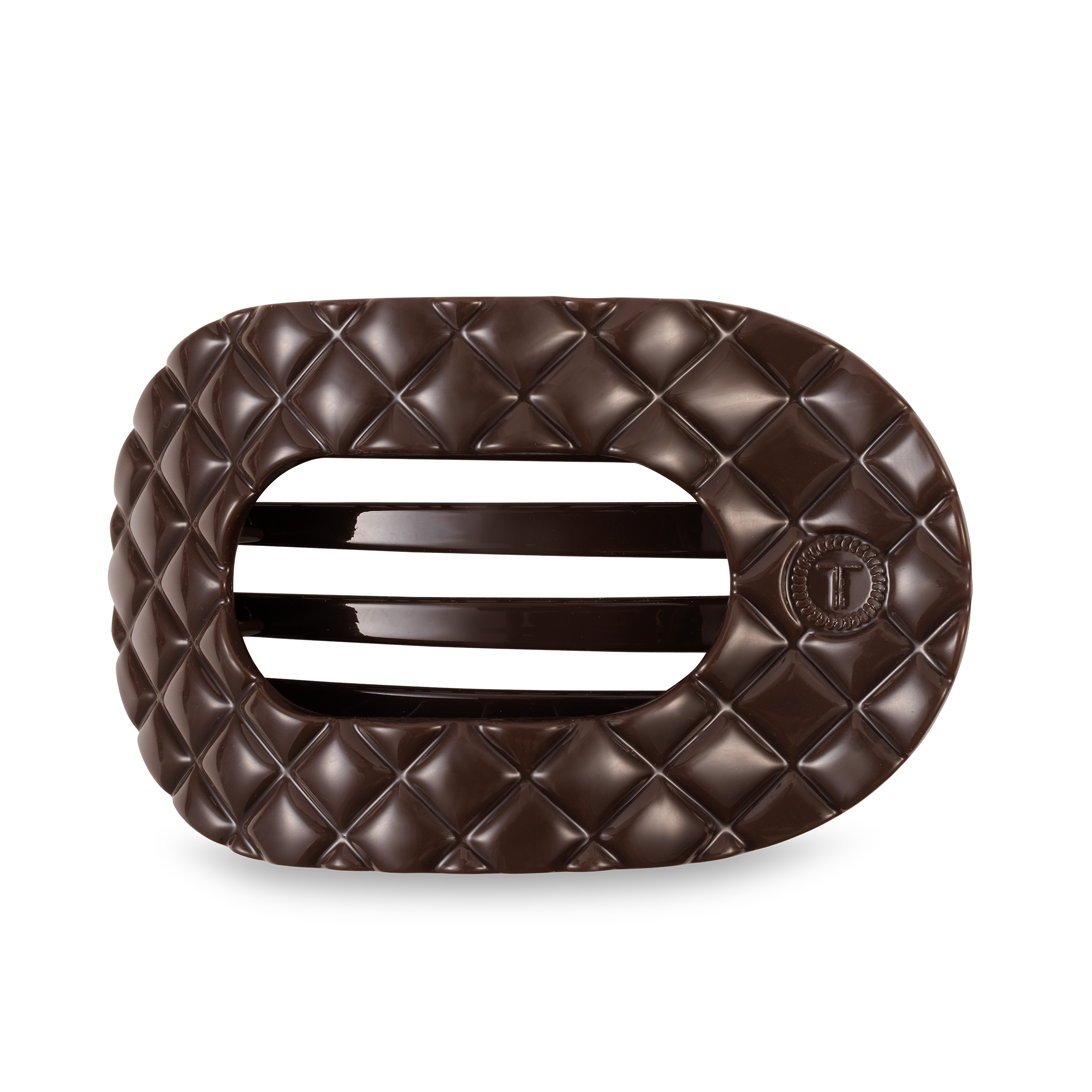 TELETIES large flat round hair clip in taupe quilted design.