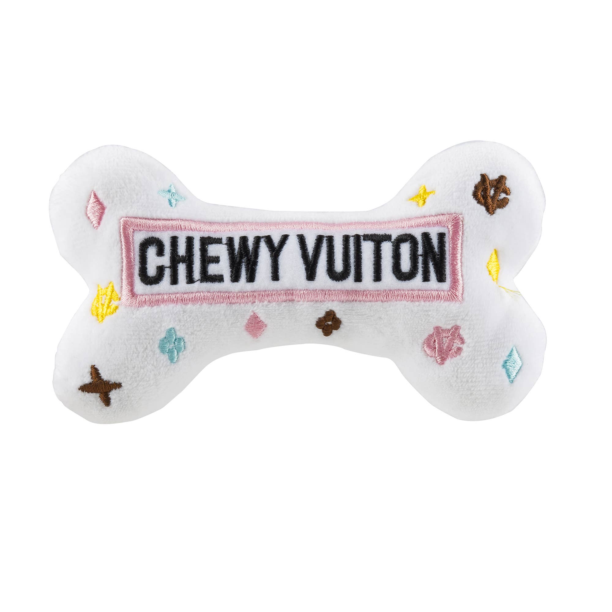 White plush bone-shaped dog toy with a designer-inspired print and squeaker.