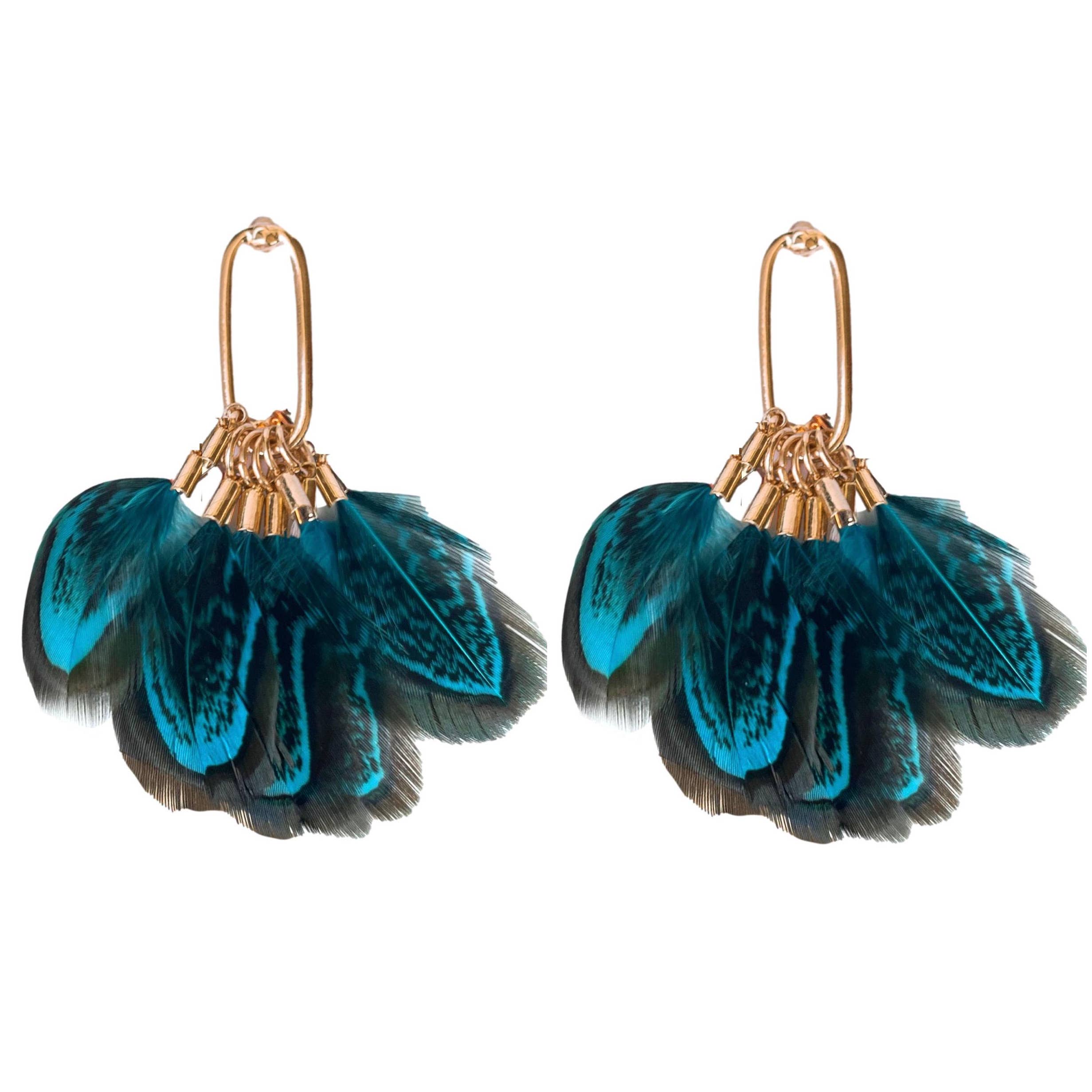 Peacock-patterned feather tassel earrings in blue and grey, approximately 2.5 inches long.