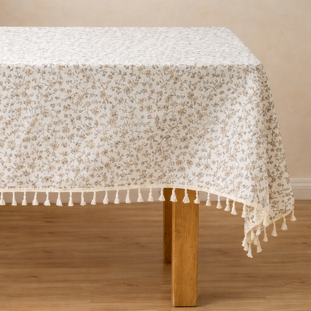 Floral cotton tablecloth with beige and taupe botanical print and ivory tassel fringe