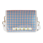 Clear stadium crossbody bag with orange and blue gingham flap, white bamboo hardware, white faux leather trim, and adjustable strap.