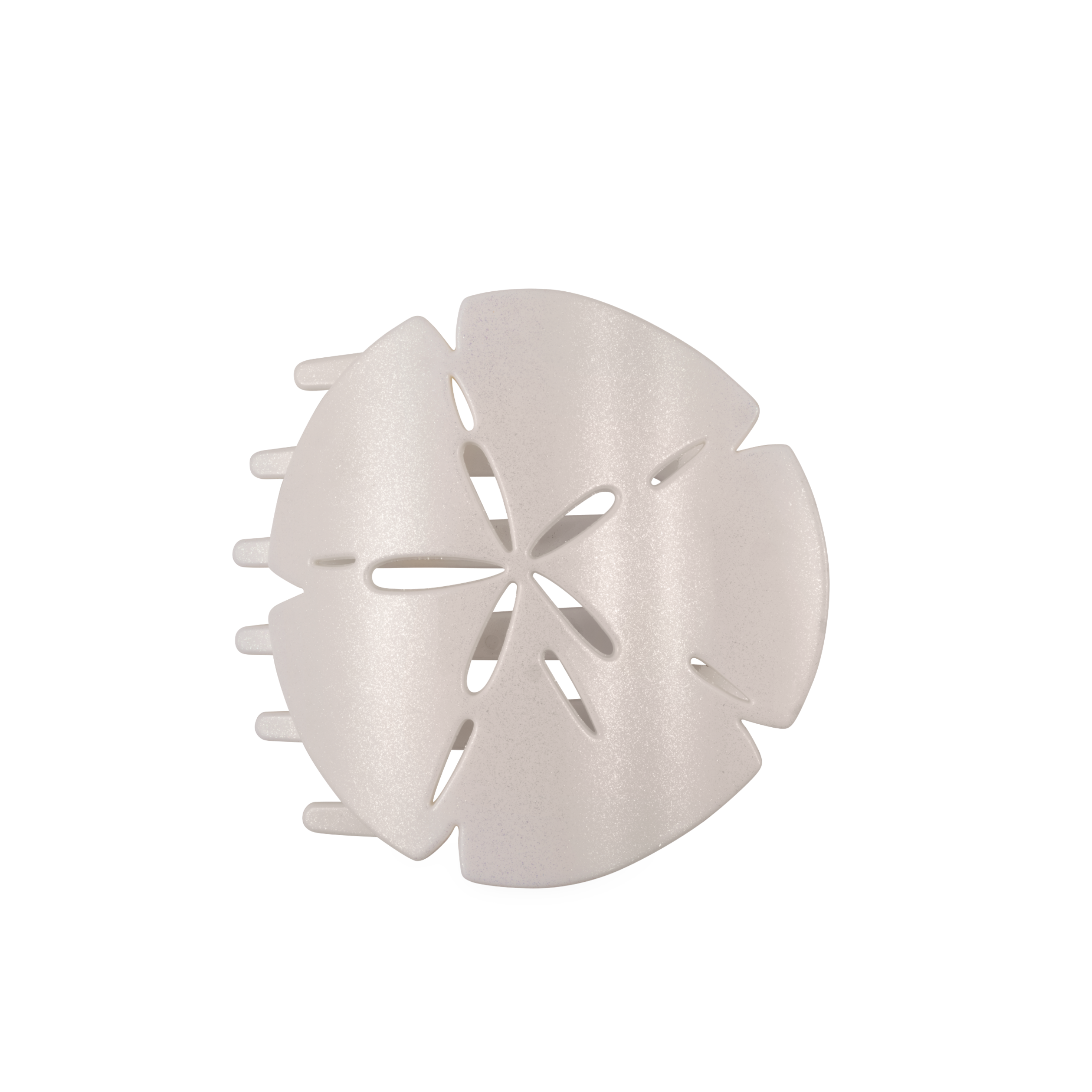 Large sand dollar shaped flat hair clip with shimmering finish and flat-back design for comfortable all-day wear.