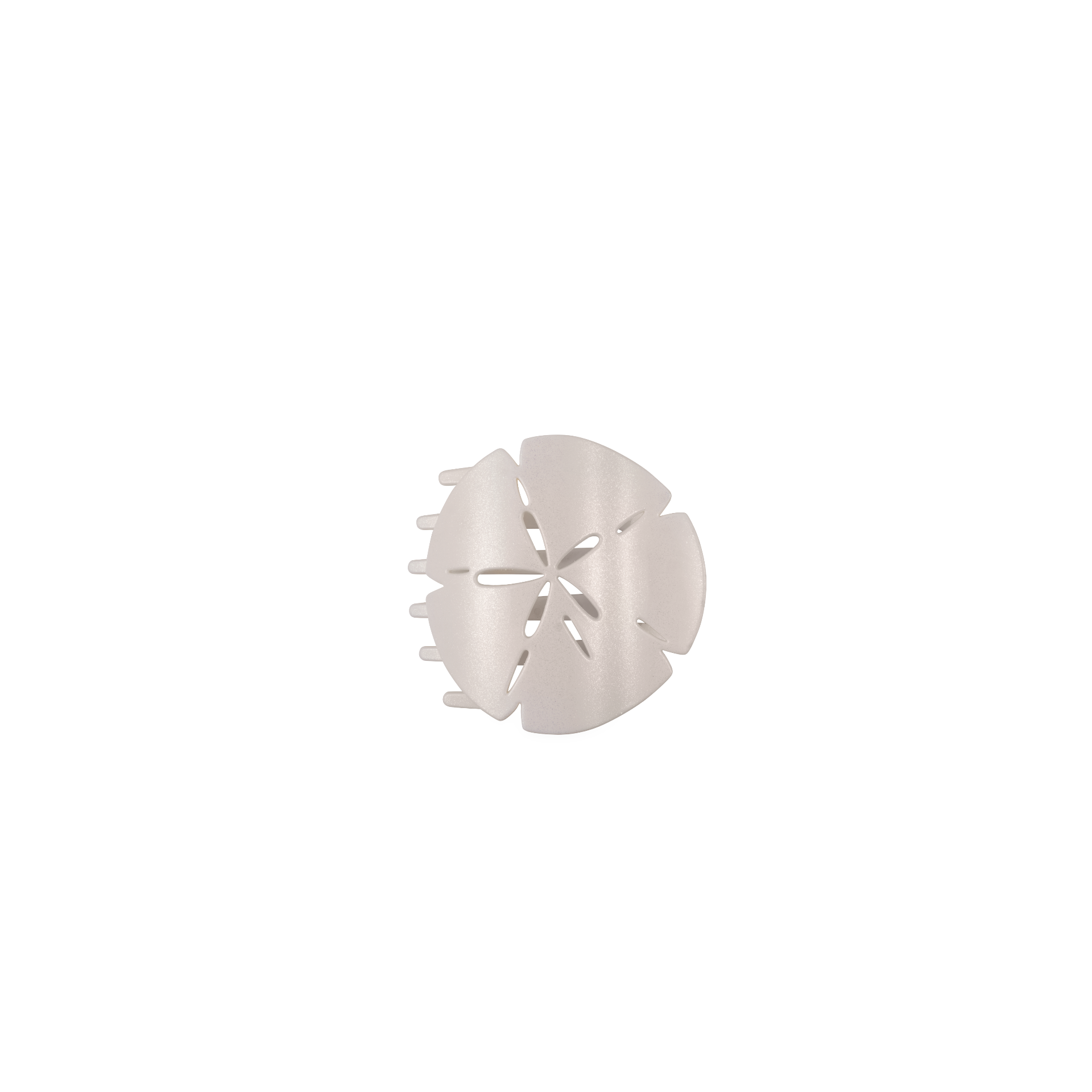Tiny sand dollar shaped flat hair clip with a subtle shimmer finish and bendable teeth for comfortable all-day wear.