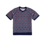Navy striped short sleeve sweatshirt with embroidered red stars