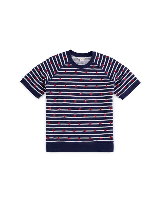 Navy striped short sleeve sweatshirt with embroidered red stars
