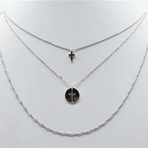 Silver Triple Layered Cross and Coin 16"-18" Necklace