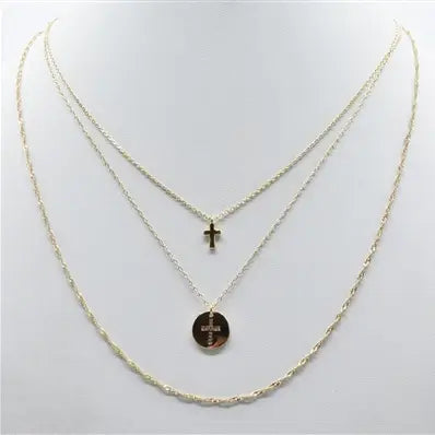 Gold Triple Layered Cross and Coin 16"-18" Necklace