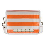 Clear stadium crossbody bag with orange stripe flap, gold and white bamboo stick accents, white faux leather trim, and adjustable strap.