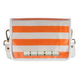 Clear stadium crossbody bag with orange stripe flap, gold and white bamboo stick accents, white faux leather trim, and adjustable strap.