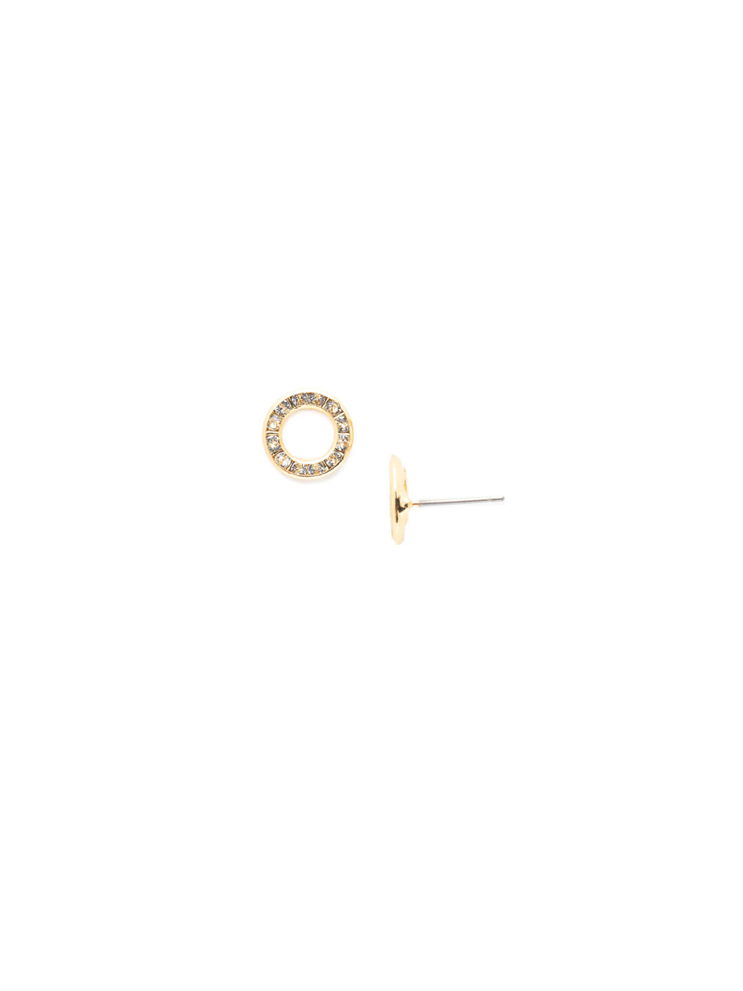 Bright gold-tone hoop stud earrings fully embellished with crystals