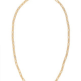 Bright gold rectangular chain necklace with bold links and adjustable collarbone-grazing length