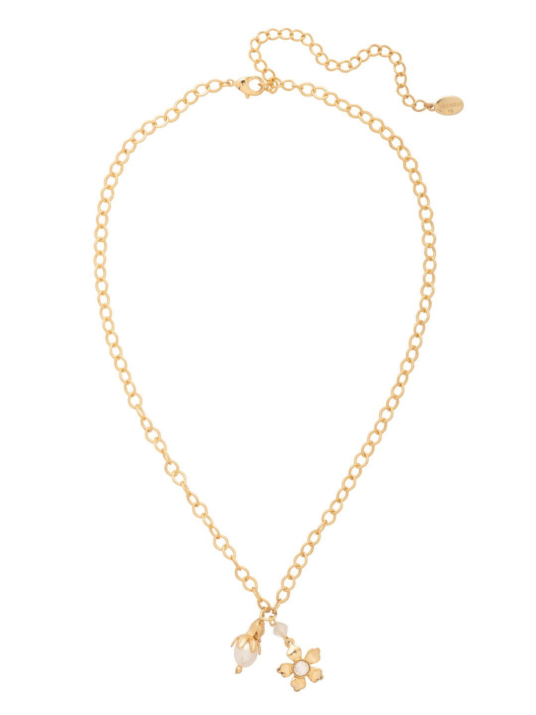 Bright gold-tone small chain link necklace with gold flower crystal pendant and modern pearl pendant.