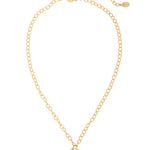 Bright gold-tone small chain link necklace with gold flower crystal pendant and modern pearl pendant.