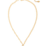 Bright gold-tone small chain link necklace with gold flower crystal pendant and modern pearl pendant.