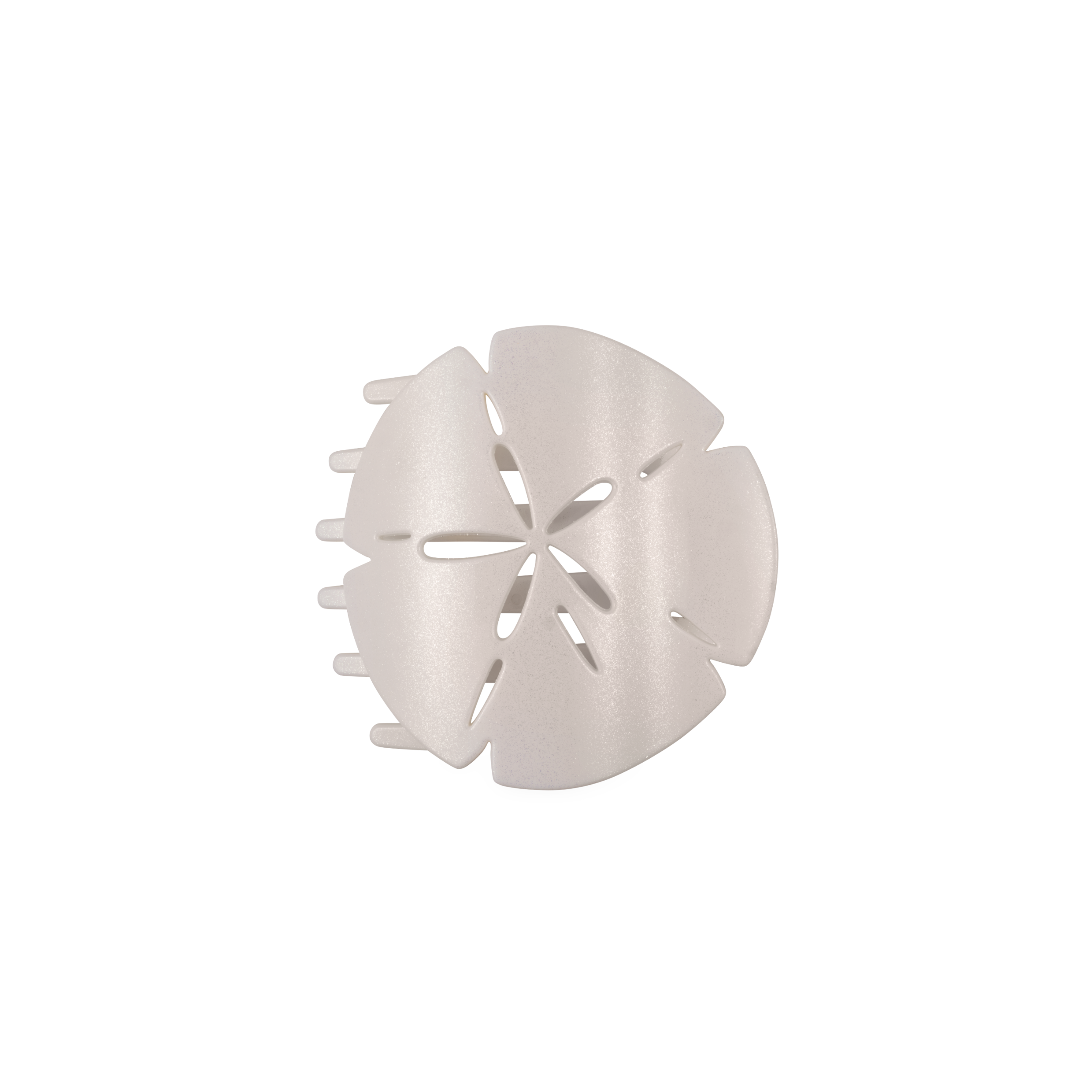 Medium sand dollar shaped flat hair clip with shimmering finish and comfortable flat-back design.