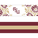 Reversible garnet and gold FSU bag strap with floral print and stripes, featuring brass hardware.