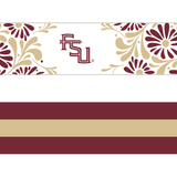 Reversible garnet and gold FSU bag strap with floral print and stripes, featuring brass hardware.