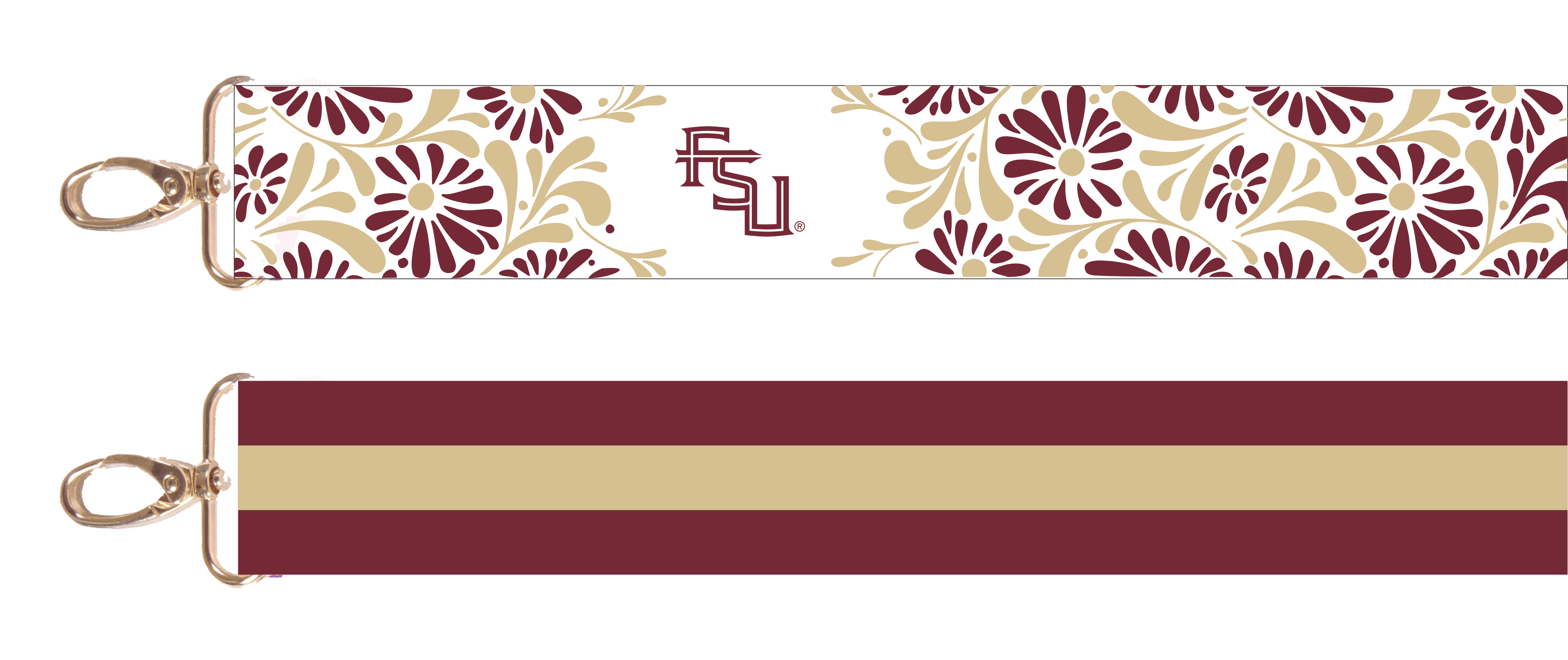 Reversible garnet and gold FSU bag strap with floral print and stripes, featuring brass hardware.