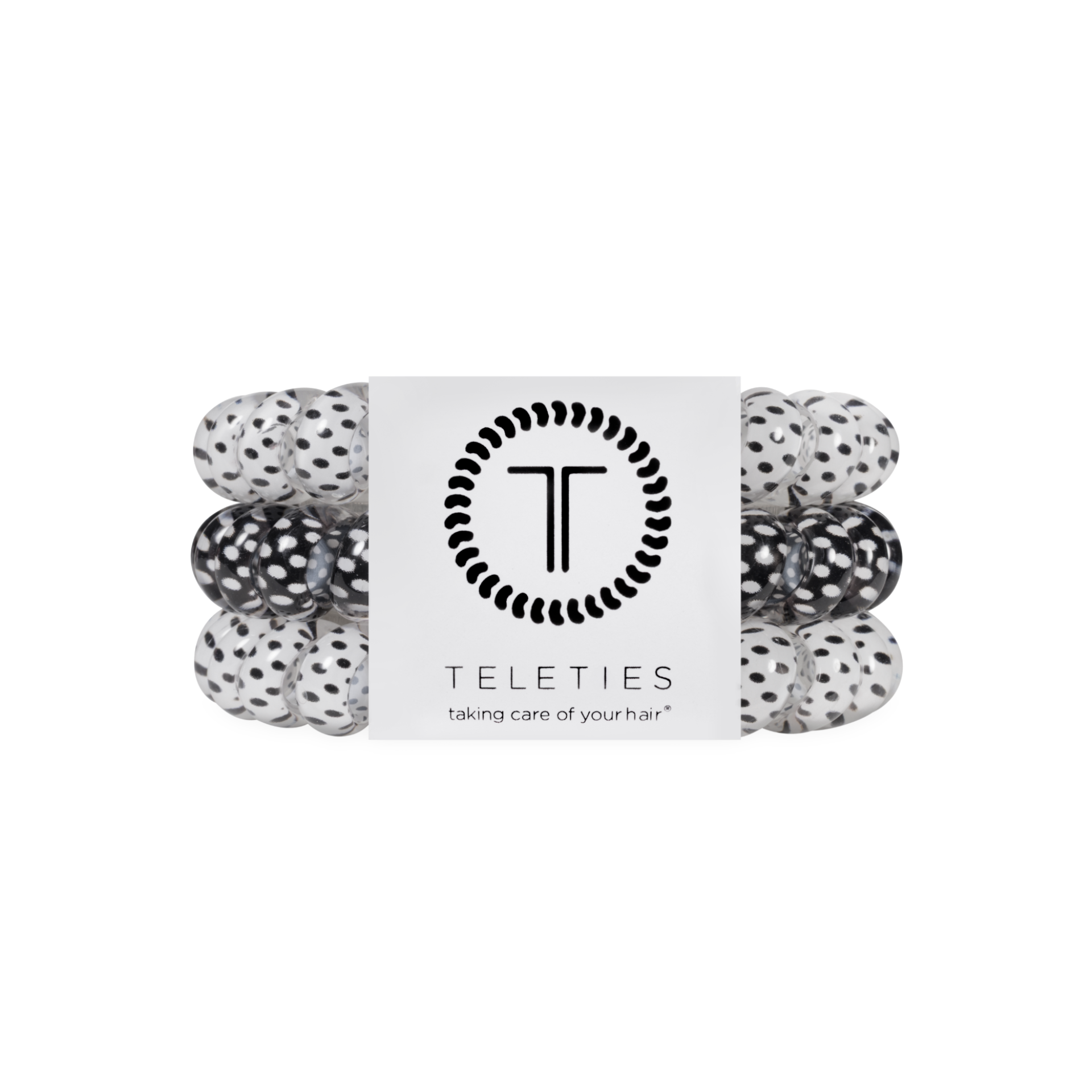 Black and white polka dot spiral hair ties in a large size.