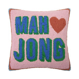 Pink hooked accent pillow with dark red border and “MAH<3JONG” wording
