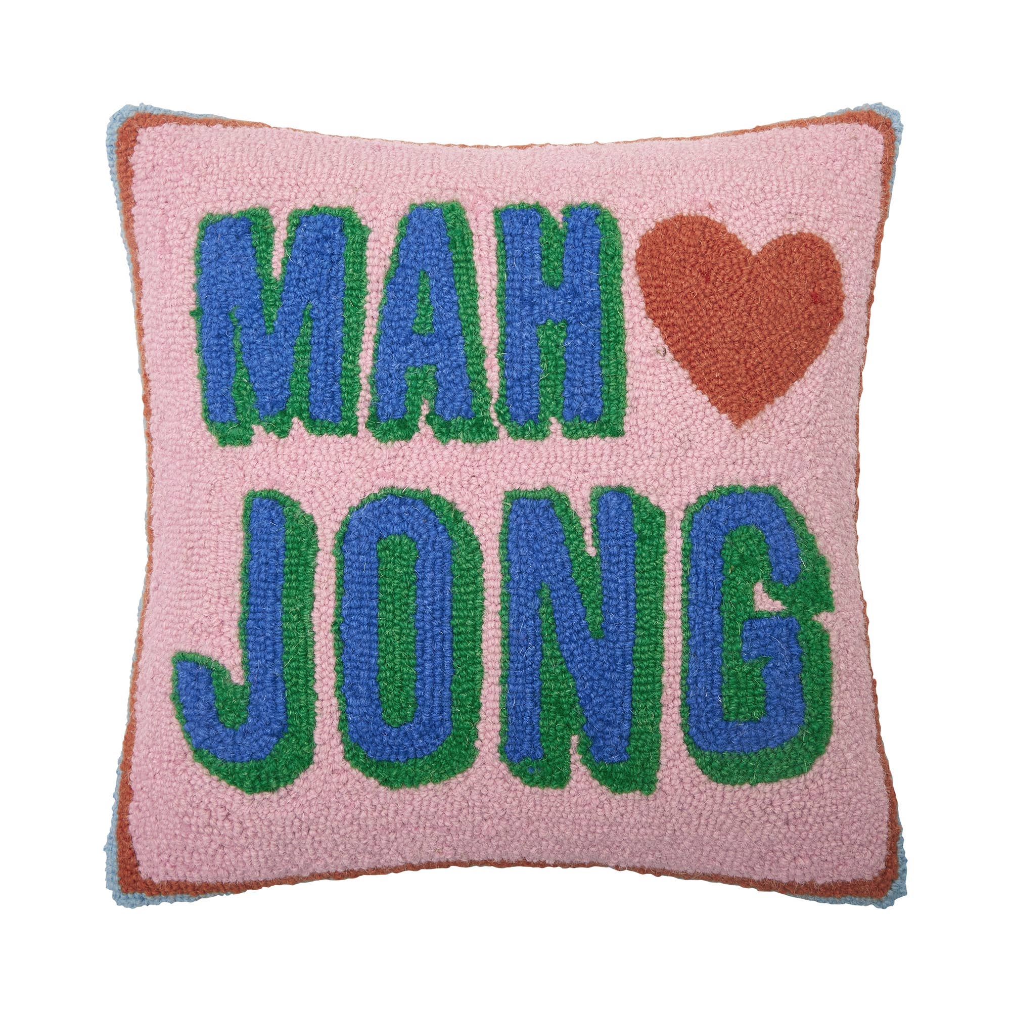 Pink hooked accent pillow with dark red border and “MAH<3JONG” wording
