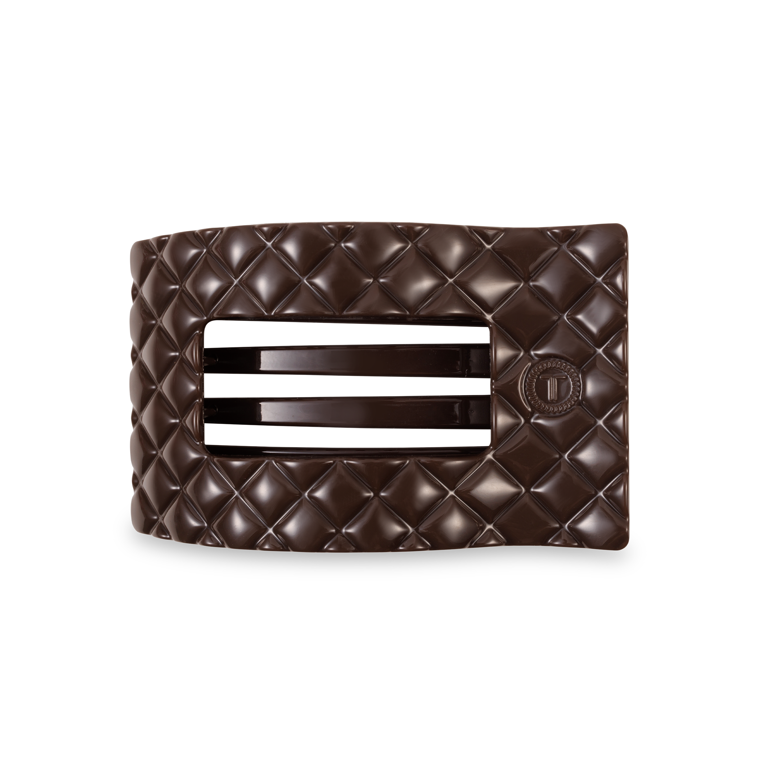 TELETIES medium flat rectangle hair clip in taupe quilted design.