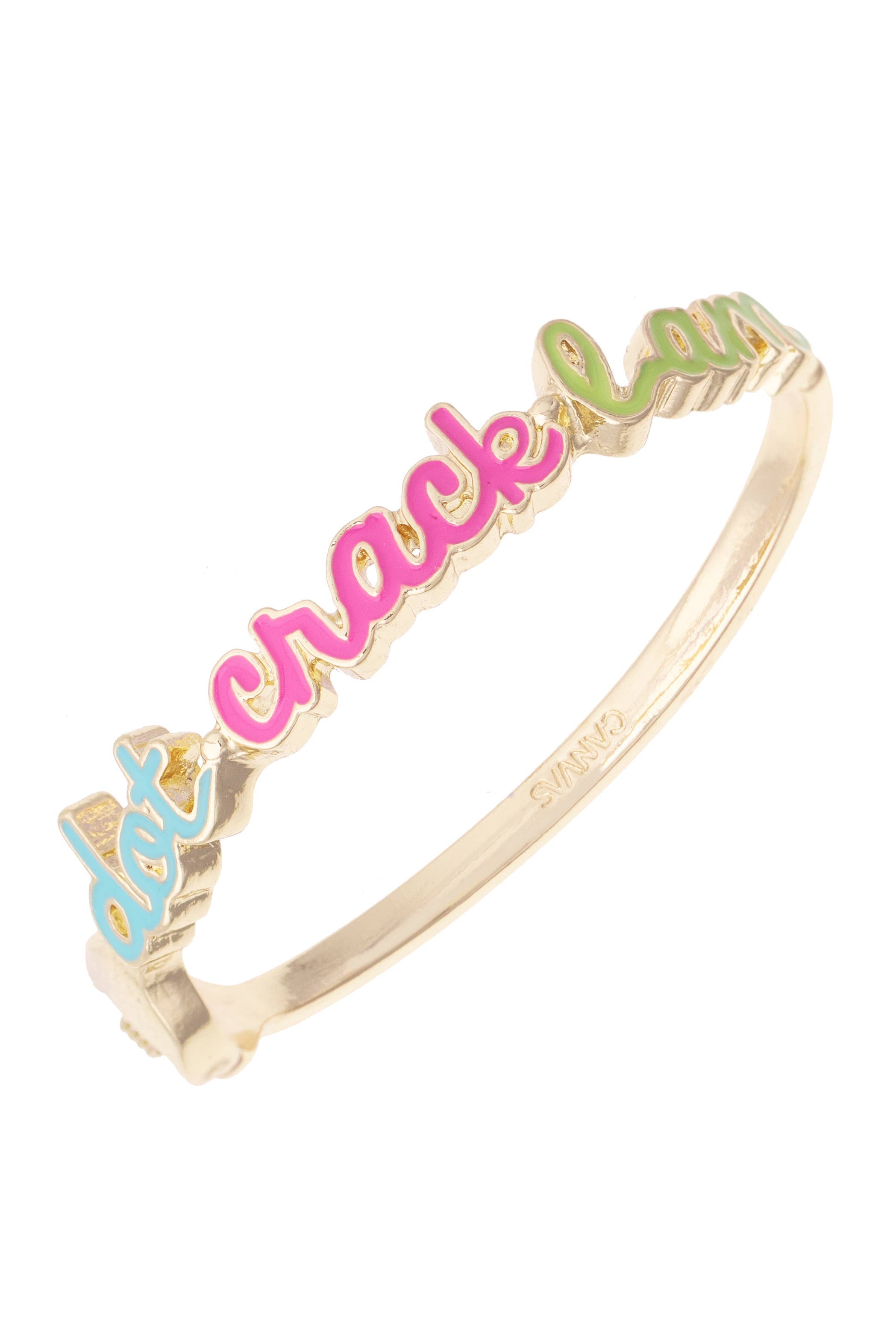 Bird Bam colorful Mahjong hinge bangle with pastel enamel finishes and cursive tile-inspired accents.
