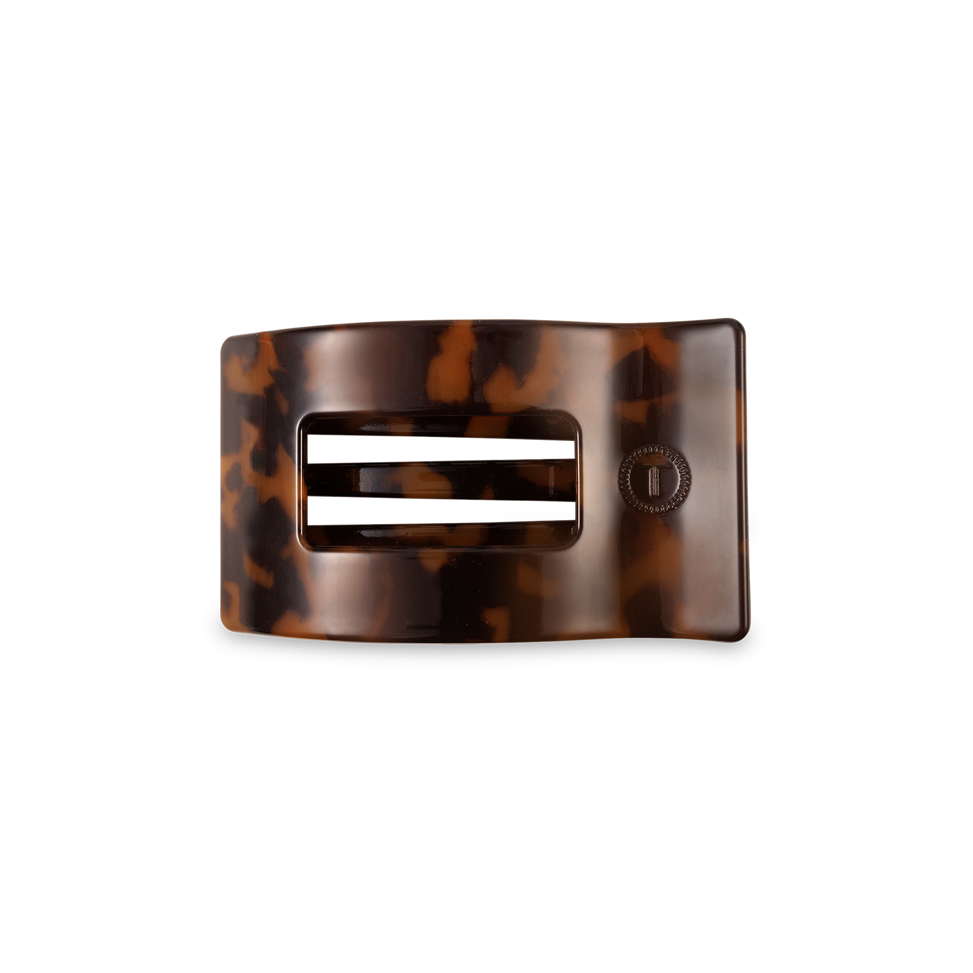 TELETIES small flat rectangle hair clip in black and brown tortoise pattern.