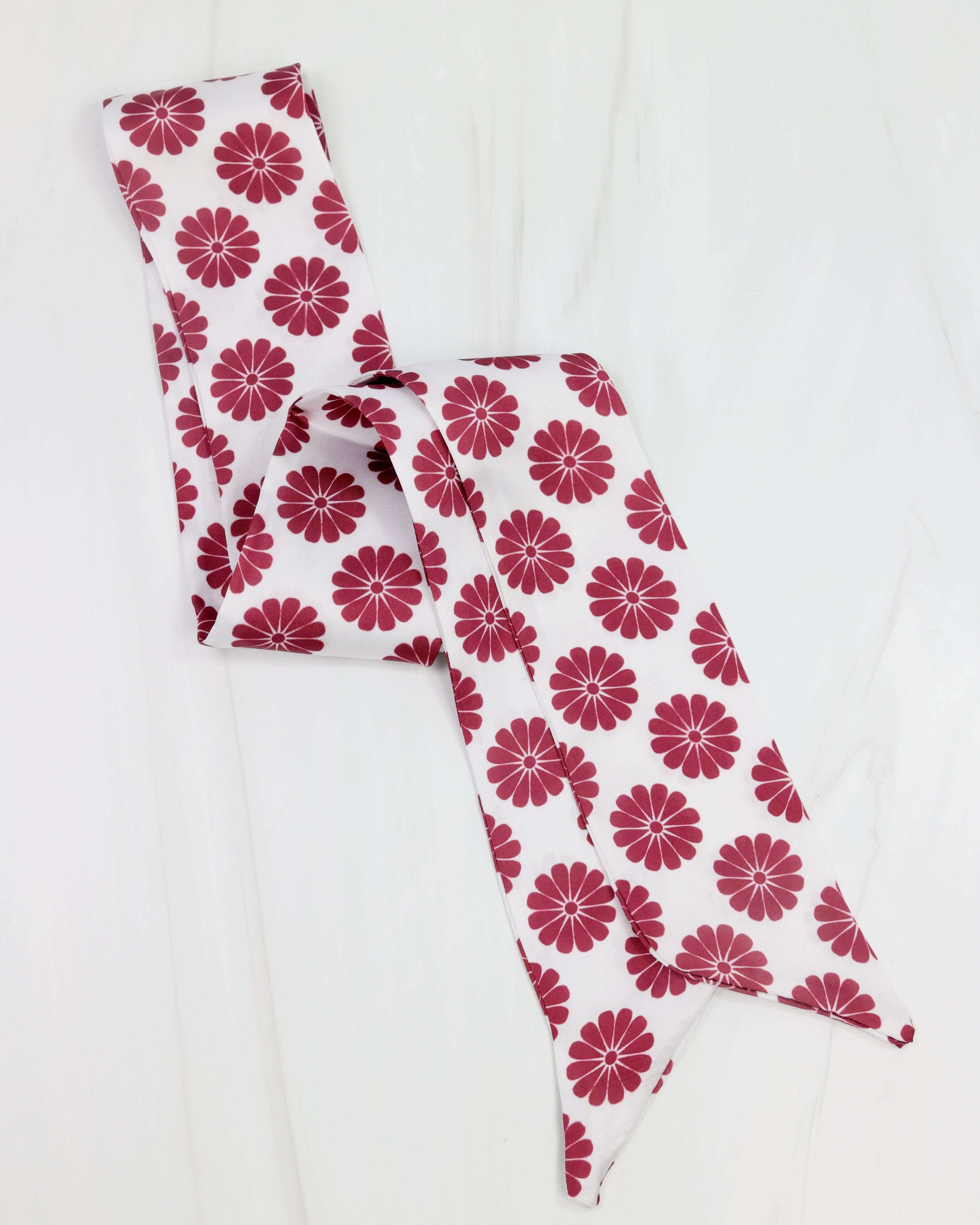 White satin scarf with garnet floral pattern, double-sided with diagonal ends