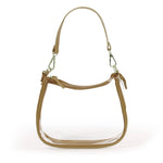 Clear stadium-approved crossbody purse with gold hardware and two strap options, perfect for game days or concerts.
