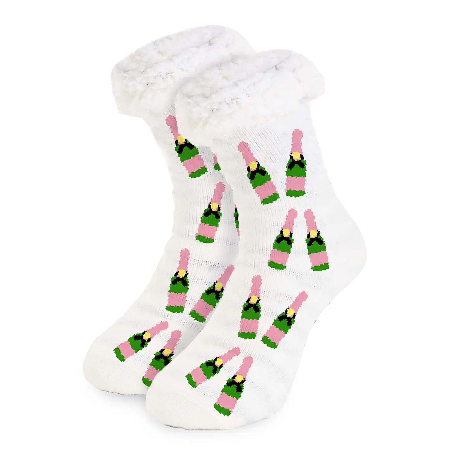 Soft slipper socks with pink and green champagne bottle design, fluffy cuff, and grip bottoms.