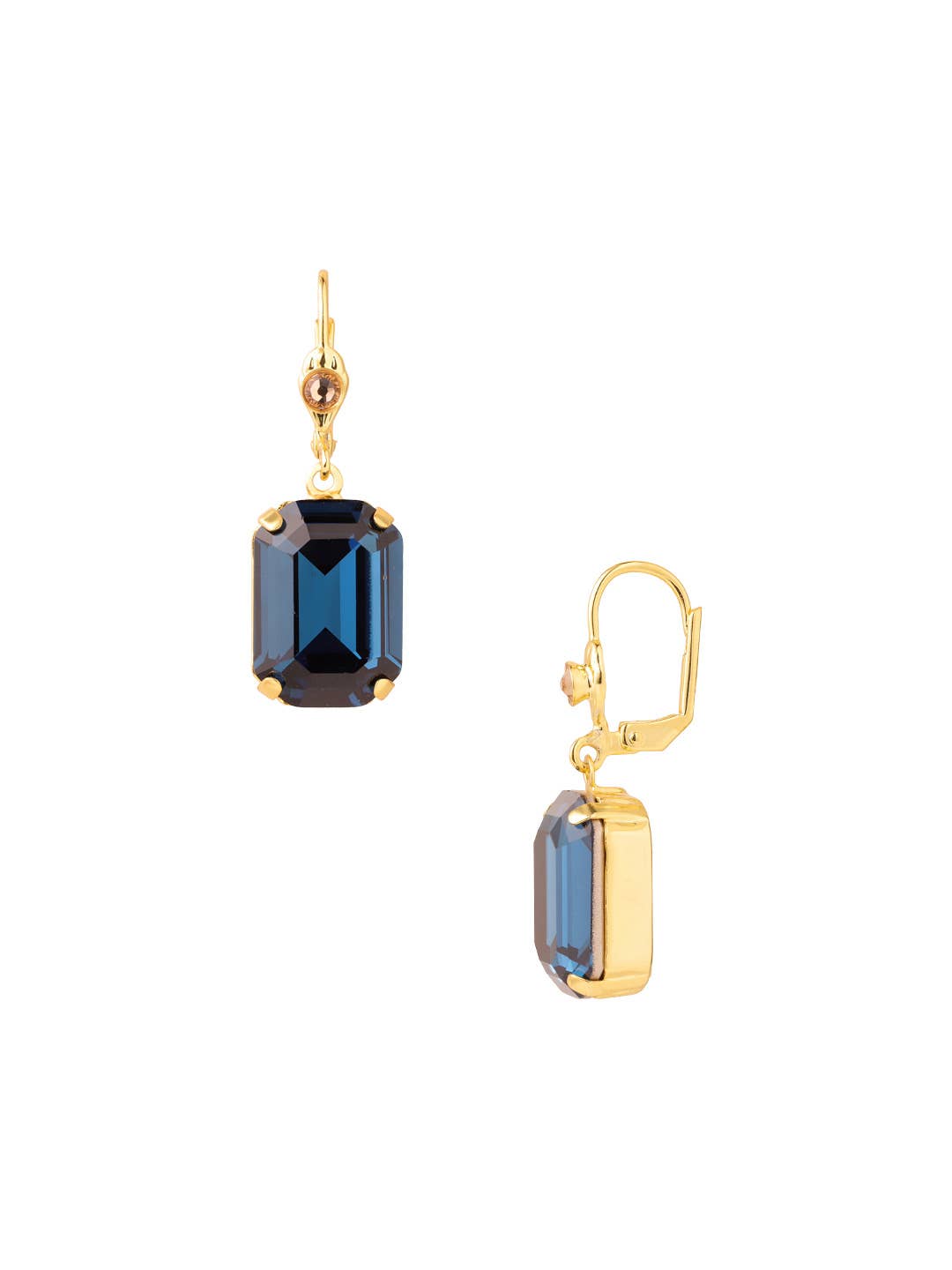 Blue emerald-cut crystal dangle earrings with iridescent crystal accents.