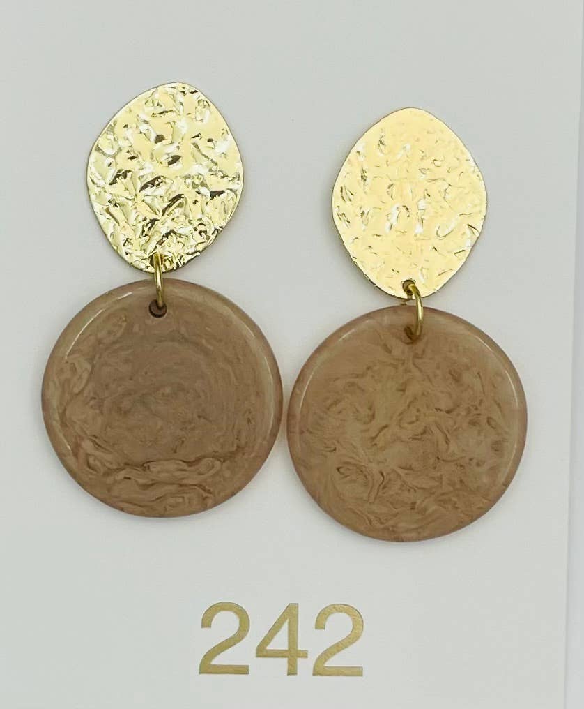 Evening Chic Earrings in gold and taupe, hammered top stud with resin circle drop, lightweight dangle accessory