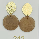 Evening Chic Earrings in gold and taupe, hammered top stud with resin circle drop, lightweight dangle accessory