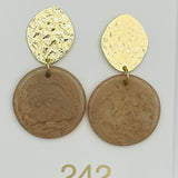 Evening Chic Earrings in gold and taupe, hammered top stud with resin circle drop, lightweight dangle accessory