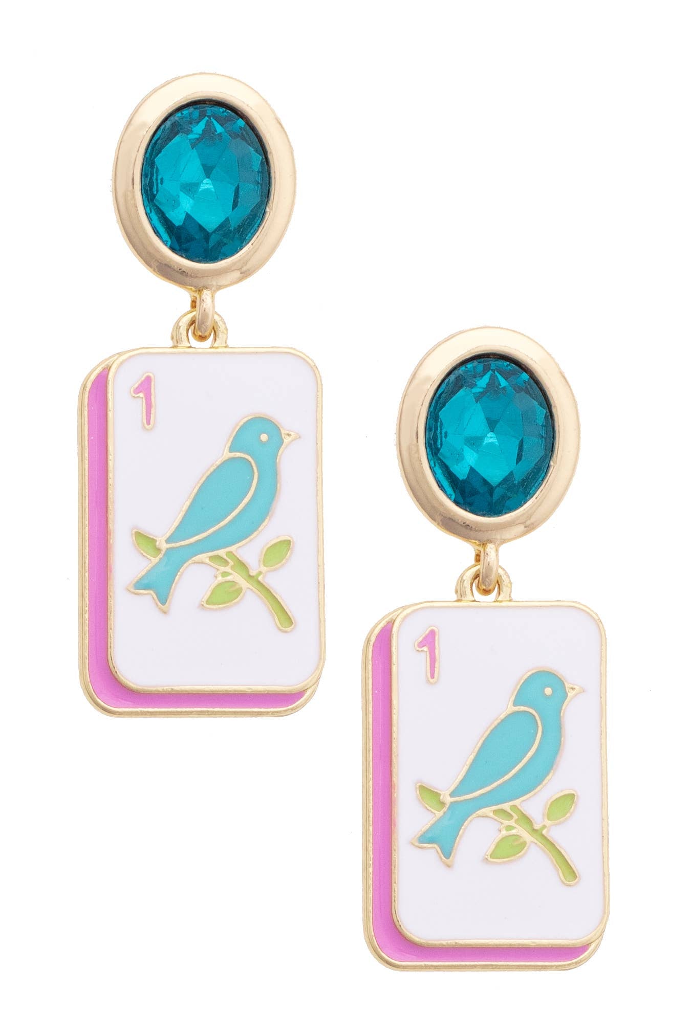 Bird Bam aqua rhinestone drop earrings featuring sparkling tile-inspired designs and a statement silhouette.